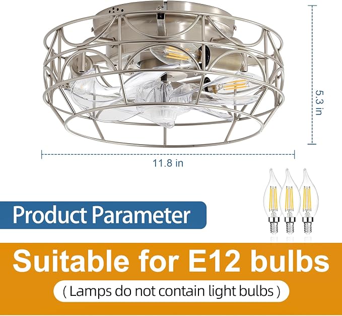 Nickel Caged Ceiling Fans with Lights and Remote,6 Speeds,12 inch Industrial Flush Mount Ceiling Fan with Light, Modern Bladeless Fan Lights Ceiling Fixtures for Kitchen, Bedroom,Indoor