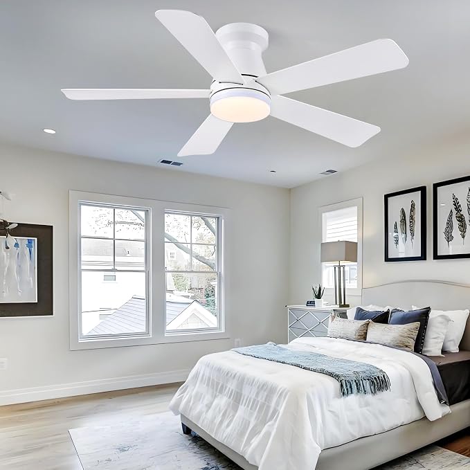 Hounberi 46 Inch Flush Mount Ceiling Fan with RGB Light and Remote, Modern White Low Profile Ceiling Fan for Low Ceilings, 3CCT Dimmable LED, 6 Speeds Quiet Reversible Motor for Bedroom & Living Room
