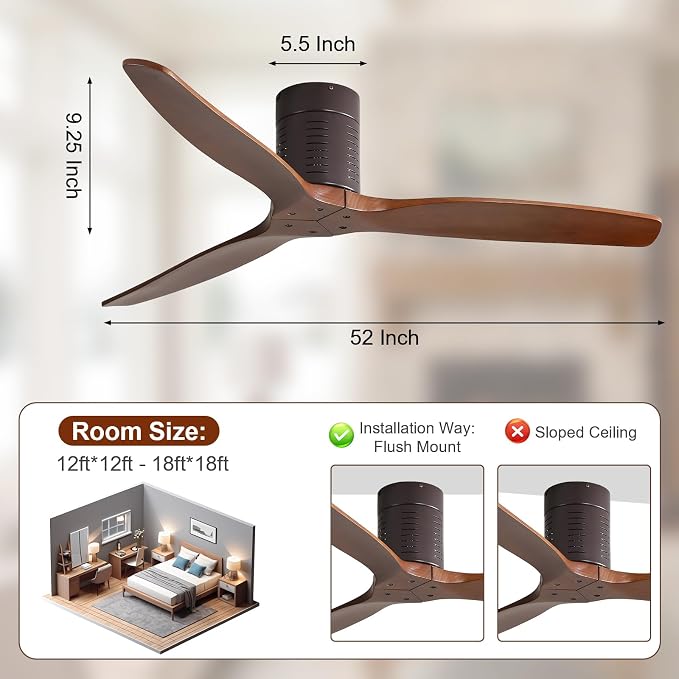 Sofucor 52 Inch Ceiling Fan No Light, Solid Wood Indoor/Outdoor Ceiling Fans Without Lights, Reversible DC Motor, 6 Speed, Flush Mount Ceiling Fans for Bedroom Living Room Farmhouse Patio