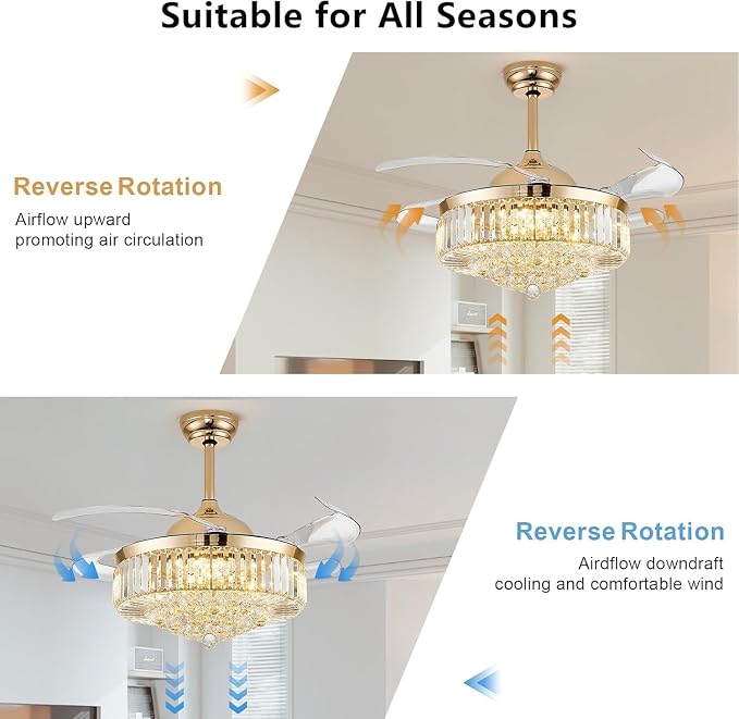 42'' Fandelier Ceiling Fans with Light, Chandelier Ceiling Fan, Retractable Crystal Ceiling Fan for Bedroom, Living Room, 3 Color Change, LED Dimmable, 6 Speeds, Reversible DC Motor-Gold
