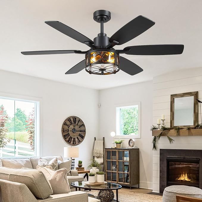 Hounberi 52" Farmhouse Ceiling Fans with Lights and Remote, Black Industrial Ceiling with Seeded Glass, 6-Speed Reversible DC Motor, Caged Ceiling Fans for Living Room Bedroom