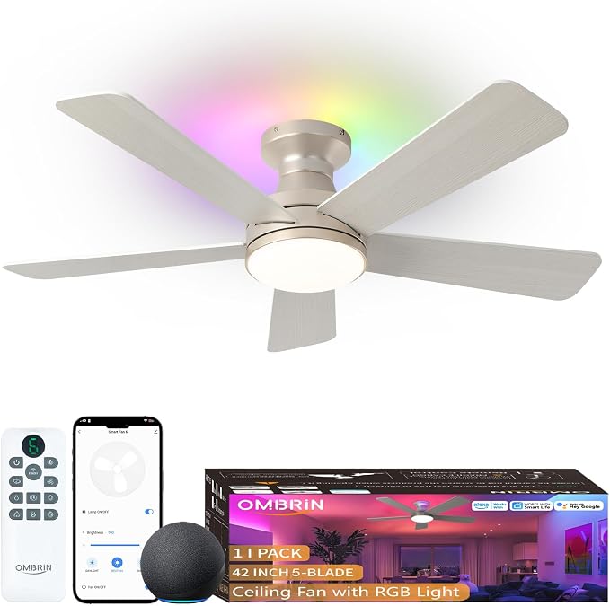 42 Inch Ceiling Fans with Lights, Smart Ceiling Fan with Alexa Google App, Gold Ceiling Fan with RGB Lights Remote, 6 Speeds Reversible DC Motor, Modern Flush Mount for Bedroom Living Room
