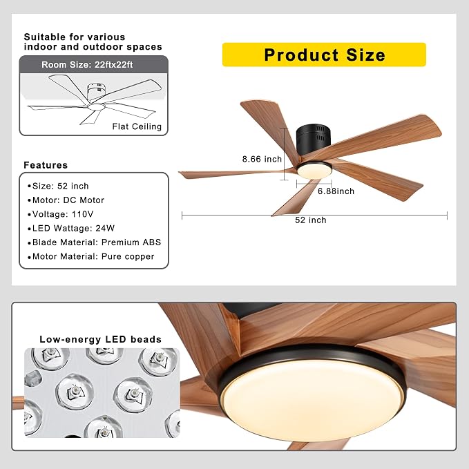 Ohniyou 52” Flush Mount Modern Farmhouse Ceiling Fan with Lights | Remote/APP Control, Low Profile, 3CCT Dimmable, Quiet DC Motor, Reversible, Covered Outdoor Overhead Fans, Black+Wood Color