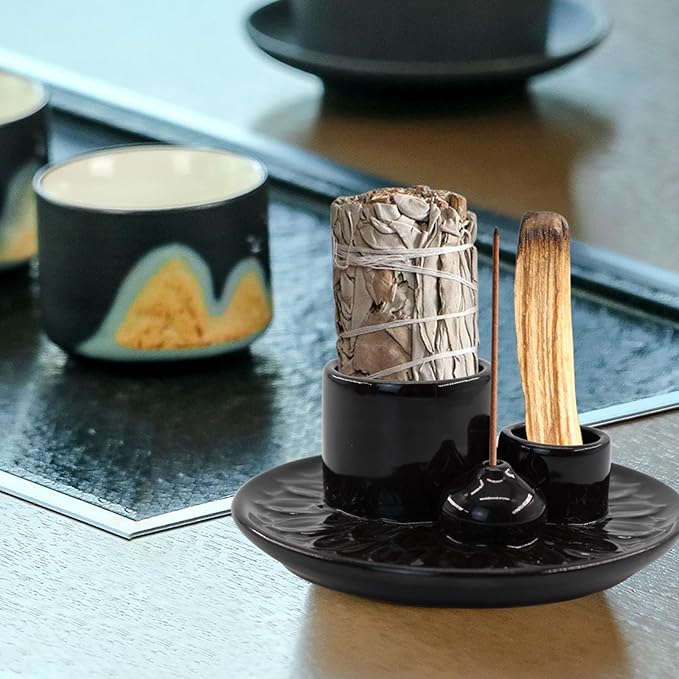 4 in 1 Ceramic Incense Holder, Incense Burner Ash Catcher Palo Santo Sage Holder for Home Decor Meditation Yoga (Black)
