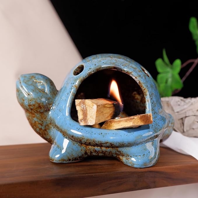 MOUGIGI Blue Ceramic Turtle Palo Santo Burner - Mini Chiminea, Burns Palo Santo、Sage、Incense Cones, Doubles as Small Candle Holder for Energy Cleansing、Yoga、Meditation、Zen、Altar Aromatherapy