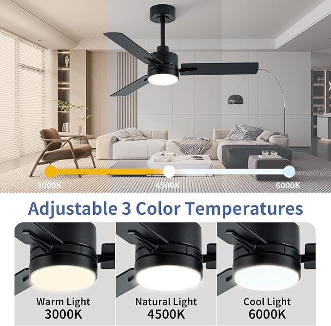 LANMEL 42 Inch Metal Ceiling Fan with Light, Modern Flush Mount Low Profile with Remote Control, Reversible, 3cct Dimmable, Quiet, Black LED for Bedroom, Living Room, Indoor/Outdoor Patio Use