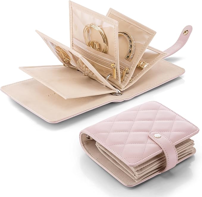 VLANDO Travel Jewelry Organizer Case,Travel Gifts for Women,Portable Jewelry Storage Book Ring Binder with Clear Zipper Velvet Jewelry Pouch Bag-Pink