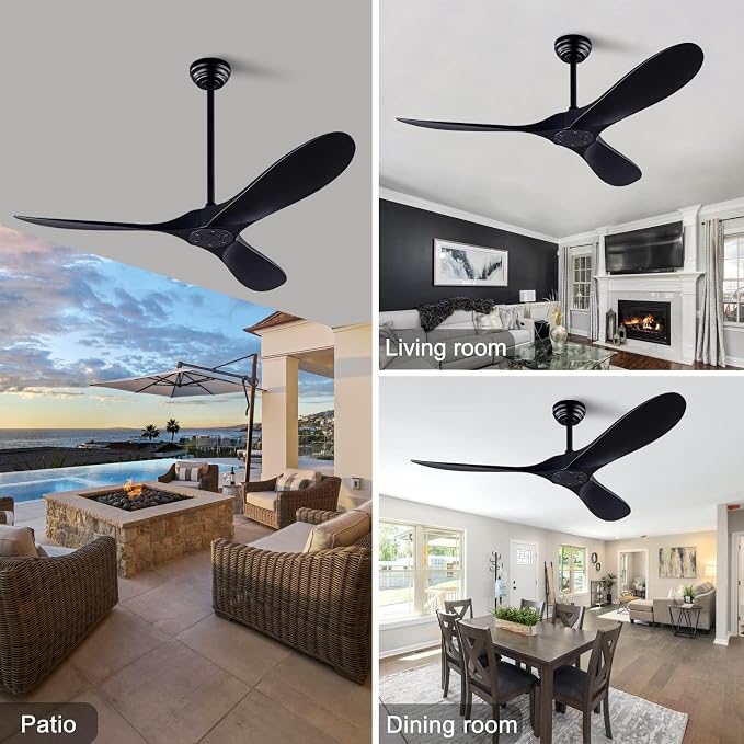 QUTWOB 52-inch Ceiling Fan (with Remote Control), 3-Blade Ceiling Fan, Suitable for Patios and Offices, Ideal for Indoor and Outdoor Use (Black)