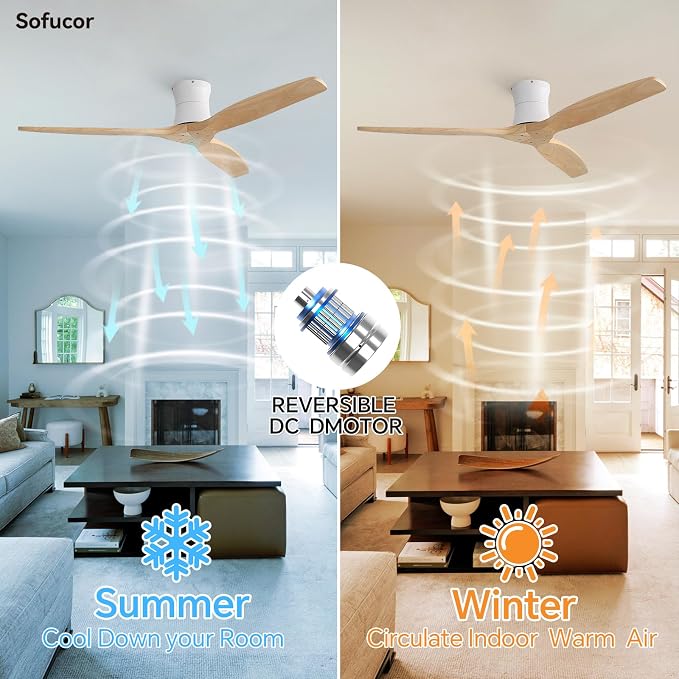 Sofucor 52" Solid Wood Ceiling Fan No Light, Low Profile Flush Mount Ceiling Fan with Remote, Outdoor Modern Ceiling Fan 6-Speed Timing Reversible DC Motor Noiseless for Living Room Bedroom Patio