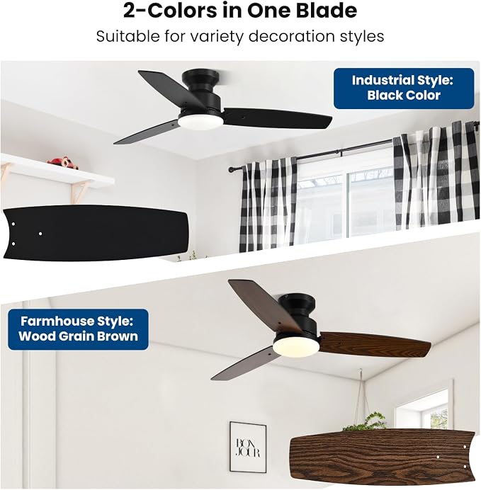 Conciseer 42 Inch Ceiling Fans with Lights and Remote, Bedroom Living Room Office, Flush Mount, 6CCT Dimmable, Dual Color 3 Blades, 6 Speed Reversible Quiet DC Motor, Black/Wood Grain, 2 Pack