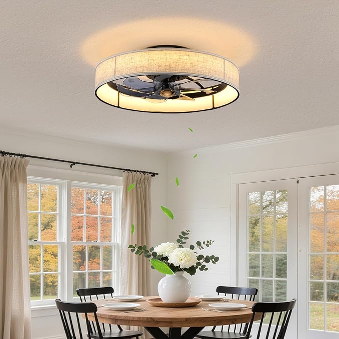 XUDOM19.6 Farmhouse Low Profile Flush Mount Ceiling Fan with Light and Remote,Fabric Bladeless Caged Fandelier with APP Control 6 Speed DC Motor,Timer,LED Dimmable for Bedroom,Living Room