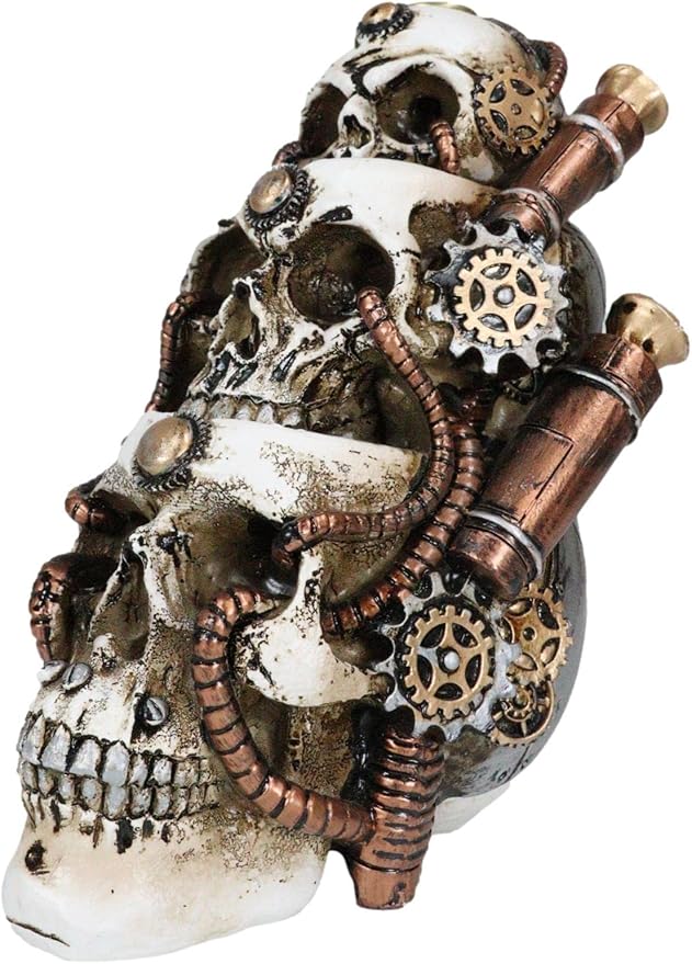 Ebros Gift Steampunk Geared Clockwork Pipework Trio Morphing Skulls Smoke Waterfall Backflow Incense Cone Tower Holder Burner Gothic Statue Home Fragrance Accessory Accent Figurine