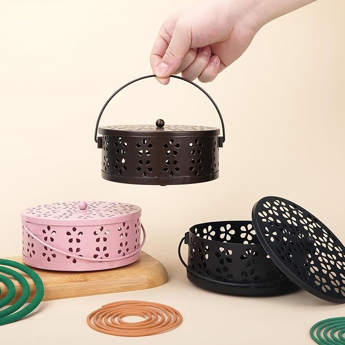 Mosquito Coil Holder 2 Pack Citronella Incense Coil Holder Outdoor Steel Round Mosquito Coil Burner Tray with Handle and Lid (Black/Bronze)