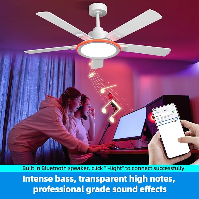 52" Ceiling Fans with Lights,Bluetooth Ceiling Fan with Speaker,6-Speed Reversible Motor,Full-Spectrum Adjustable Lighting,Edge Ambient Lights,Low Profile Ceiling Fan with Light and Remote/App Control