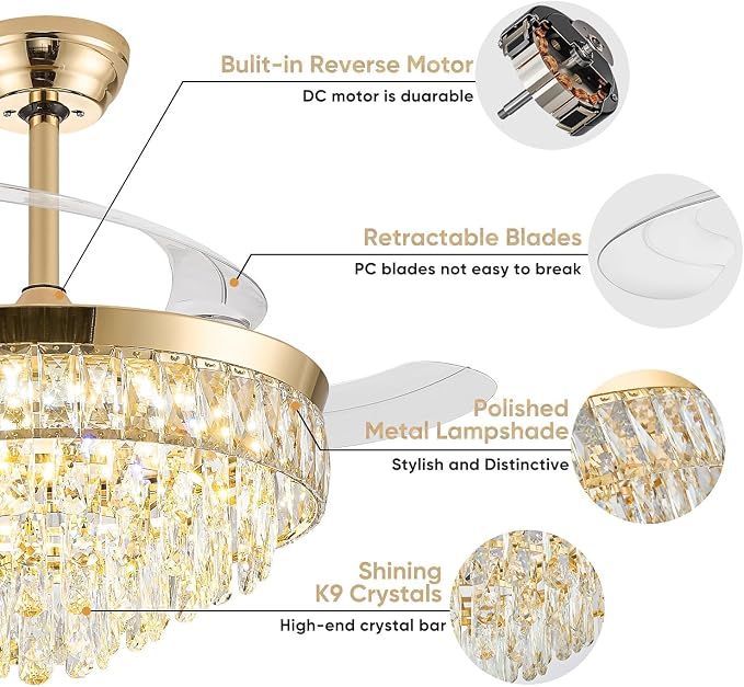 48 Inch Chandelier Ceiling Fan with Lights, Retractable Fan with Remote and APP, Crystal Fandelier Ceiling Fan, Dimmable LED, Reversible Motor, Quiet for Bedroom Living Room-Gold