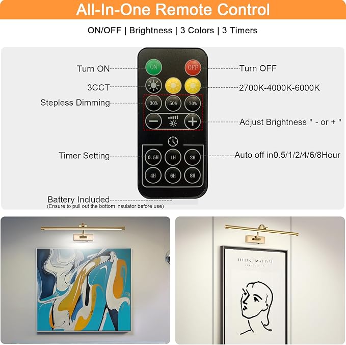 Tassuowell Picture Light Battery Operated with Remote, 3CCT Dimmable Picture Light for Paintings, Brass Rechargeable 24 inch Battery Operated Wall Sconce for Art Lighting Gallery Portrait Artwork