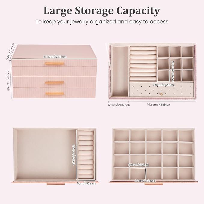 Dajasan Jewelry Box Organizer, 3-Tier Jewelry Storage Organizer with 2 Drawers, Large Jewelry Box for Girls Women, PU Leather Surface with Texture, Gift Idea, Modern Style (Pink)