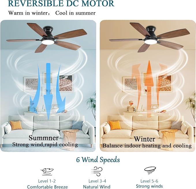 JSAITEE Ceiling Fans with Lights, 52 Inch Low Profile Ceiling Fan with Light and Remote Control, Flush Mount, DC Reversible Motor, Noiseless, Brown 6 Speeds Ceiling Fan for Bedroom