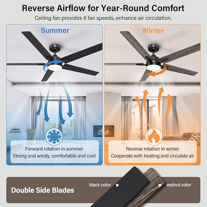 60 Inch Black Ceiling Fans with Lights and Remote, Reversible, 3CCT, Dimmable, Noiseless, Large Ceiling Fan for Bedroom, Living Room and Patio, Indoor/Outdoor Use