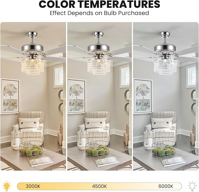 52 Inch Crystal Ceiling Fan with Light and Remote Control, Modern Chandelier Fan with 5 Reversible Wood Blades Chrome Fandelier for Living Room Bedroom (Fine line Crystal-Ceiling Fan)
