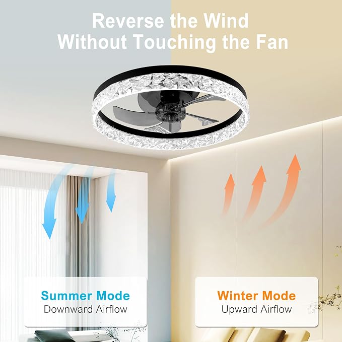 DAMINY 20inch Black Ceiling Fans with Lights and Remote, 6CCT, Dimmable Smart Low Profile Ceiling Fan with Light, 6 Speeds Flush Mount Modern Bladeless Ceiling Fan for Bedroom