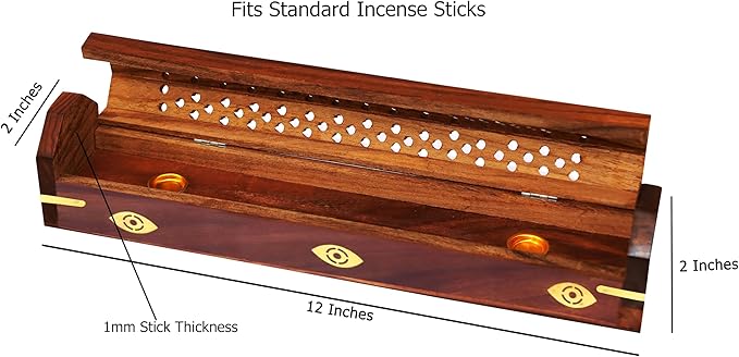 Sheesham Wood Incense Burner Holder – 2 Pack Handcarved Coffin Style Evil Eye Inlay Incense Box - Hidden Storage & Ash Catcher – Aromatherapy Incense Stick & Cone Burner - 12x2x2 – COTTON CRAFT