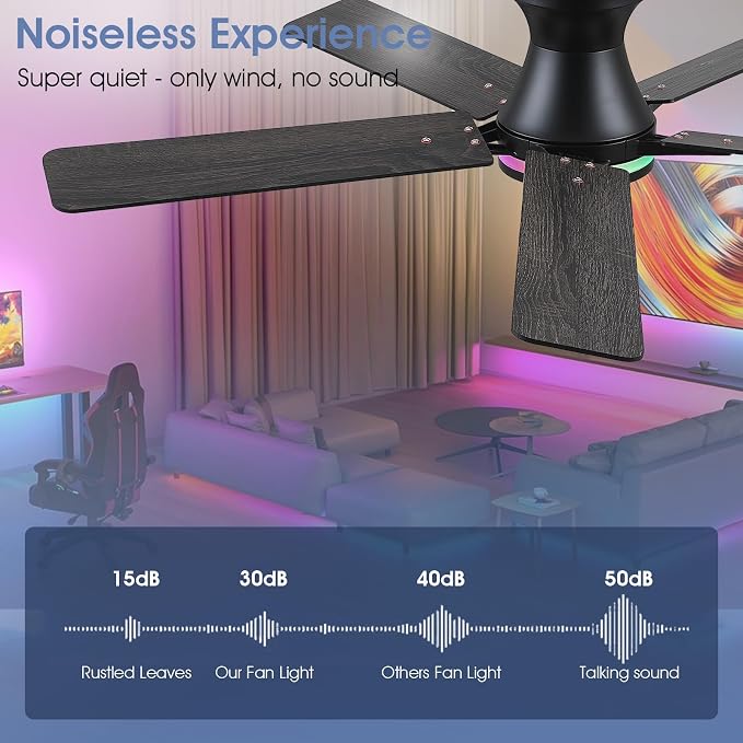 52"Black Modern Low Profile RGB Ceiling Fans with Lights and Remote/APP | 14 RGB Modes,Supports Remote and APP,6 Wind Speeds, Reversible, Dimmable 3 CCT LED, 30W DC Motor,Suits for Bedroom Kidsroom