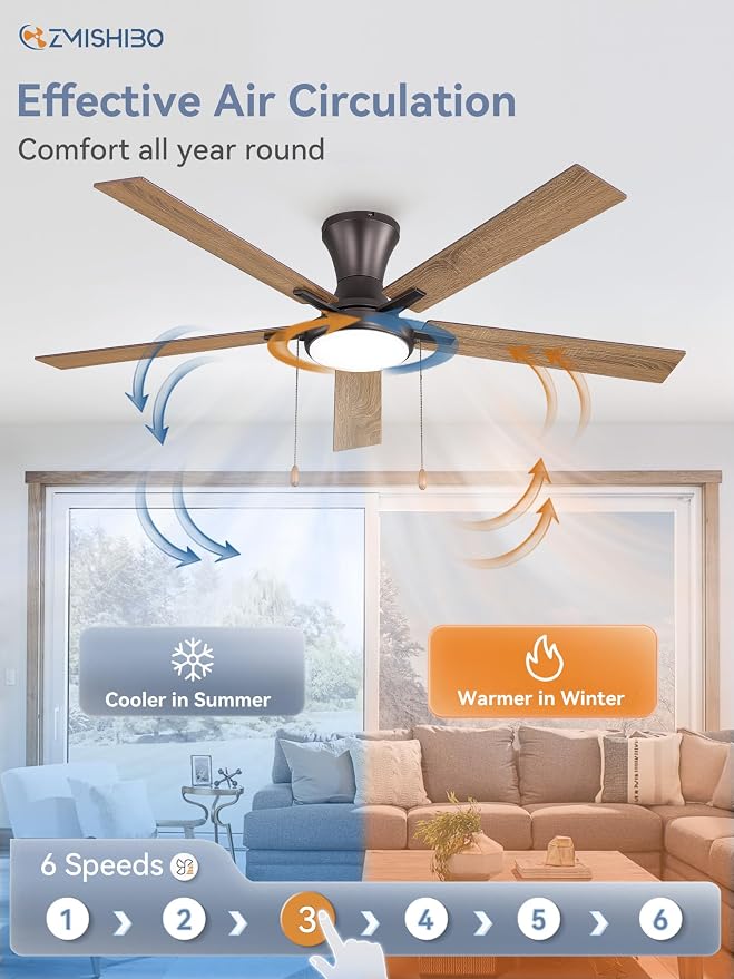 ZMISHIBO Ceiling Fans with Lights, Low Profile Ceiling Fan with Pull Chain and Remote Control, Flush Mount, Reversible, Dimmable, Noiseless, Black Pull Cord Ceiling Fan for Bedroom(60inch Brown)