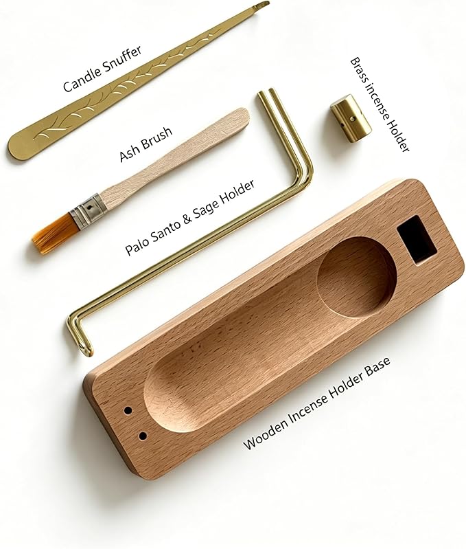 4 in 1 Incense Holder Suit with Wooden Base and Brass Holder, for Burning Palo Santo, Sage Sticks, Holy Wood, Multi-Functional with Ash Catcher and Tealight Candle Holder