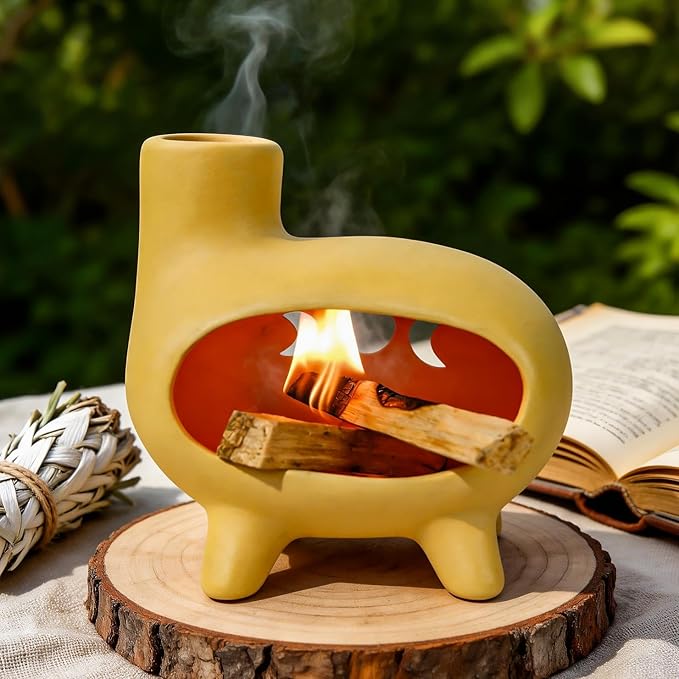 MOUGIGI Elegant Handcrafted Ceramic Palo Santo Burner-Yellow Terracotta Footed Incense Holder for Meditation,Compatible with Wood Sticks,Sage,Ash&Cones-Mini Aromatic Home Altar with Chimney Design
