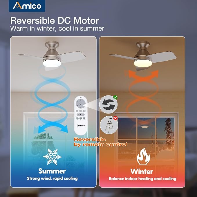 Amico Ceiling Fans with Lights, 30 Inch Low Profile Ceiling Fan with Light and Remote Control, Flush Mount, Reversible, 3CCT, Dimmable, Noiseless, Silver Ceiling Fan for Bedroom, Indoor/Outdoor Use