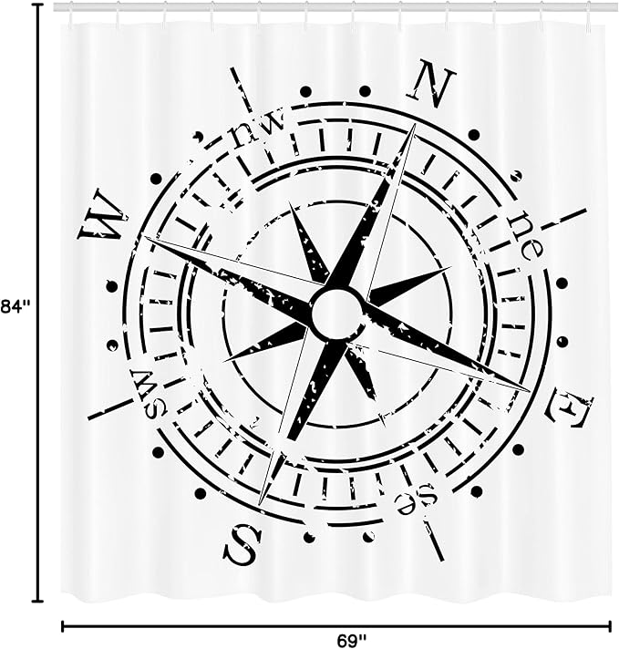 Ambesonne Compass Shower Curtain, Monochrome Windrose Simplistic Design Direction Navigation Prehistoric, Cloth Fabric Bathroom Decor Set with Hooks, 69" W x 84" L, Charcoal Grey and White