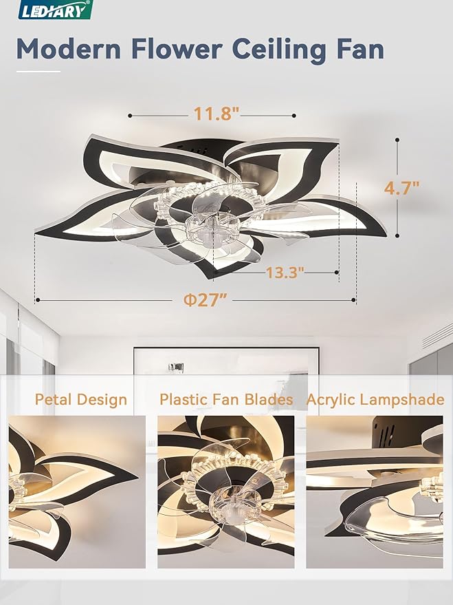 LEDIARY Flower Ceiling Fans with Lights, Black Small Modern Low Profile Ceiling Fan, Dimmable LED Ceiling Light Fixture, Flush Mount Ceiling Fans with Remote for Bedroom, Kitchen, Indoor-27 Inch