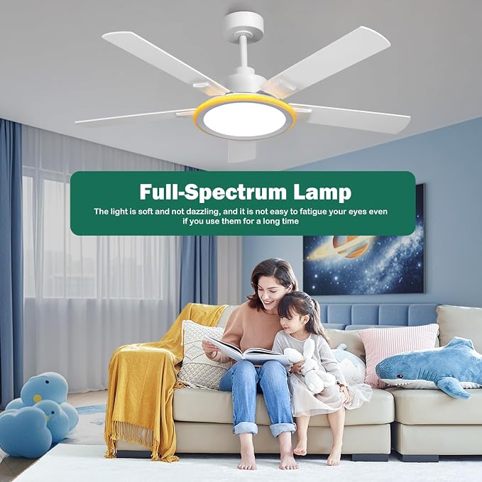 BAYSQUIRREL Smart 52" Ceiling Fans with Lights,Bluetooth Ceiling Fan with Speaker,6-Speeds DC Reversible Noiseless Motor,Full-Spectrum Eye-Care Flush Mount Ceiling Fan with Light