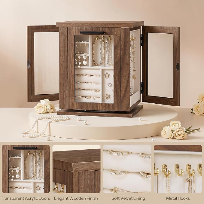 HOOBRO 360° Rotating Jewelry Box with Mirror, Jewelry Organizer with 4 Drawers, 3 Transparent Acrylic Doors, Wooden Jewelry Storage Box for Necklaces, Rings, Bracelets, Earrings, Walnut BH31JB04