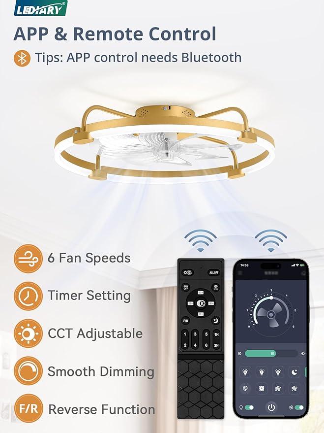 LEDIARY Ceiling Fans with Lights and Remote, 24'' Low Profile Ceiling Fan with Light, 3000-6000K Dimmable Fandelier LED Fan Light, 6 Wind Speeds, Gold Modern Flush Mount Ceiling Fan for Bedroom
