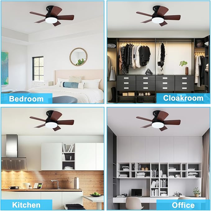 Depuley Modern Ceiling Fan with Light: 25-Inch Black Small Fans for Bedroom Indoor Outdoor - Dimmable Low Profile Ceiling Fans with Remote Control Flush Mount 5 Reversible Walnut Blades 6 Speeds Timer