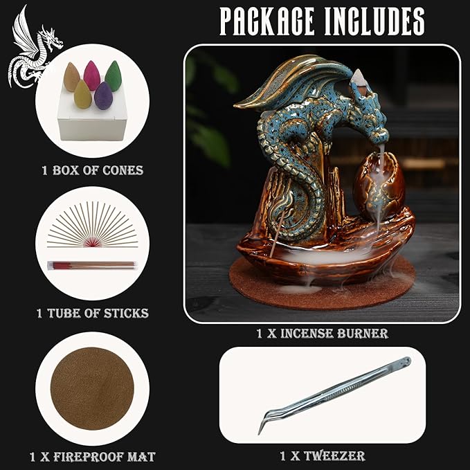 Dragon Incense Burner Holder - Egg Backflow Waterfall Cone Incense Holder, Ceramic Unique Pterosaur Incense Burner with Cones & Sticks for Halloween/Aromatherapy/Yoga/Home/Room/Office Deco