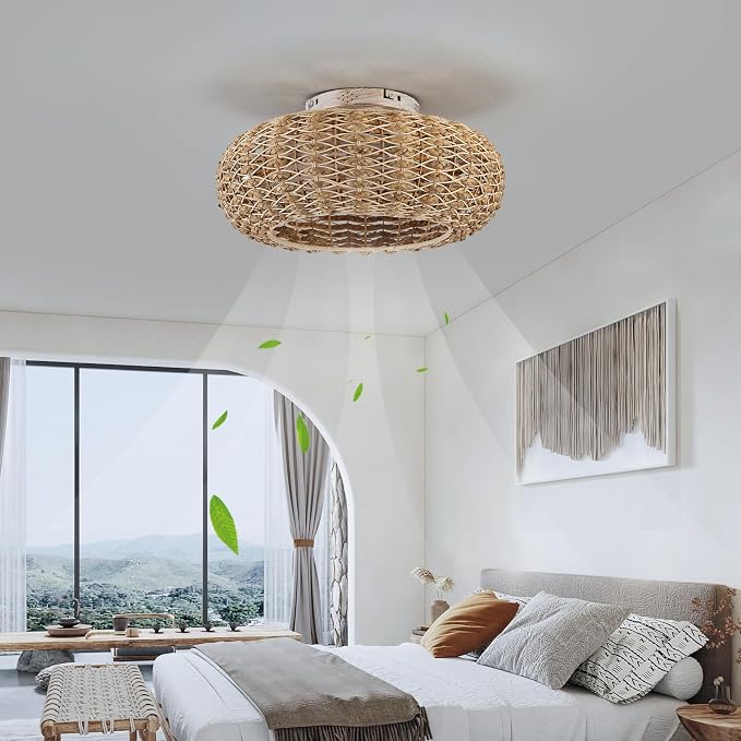 Boho Caged Ceiling Fans with Lights Flush Mount,Low Profile Ceiling Fan with Remote and APP,20 Inch Rattan Fan for Bedroom,6 Speeds Reversible Silent Fandalier (4 LED Bulb Include)…