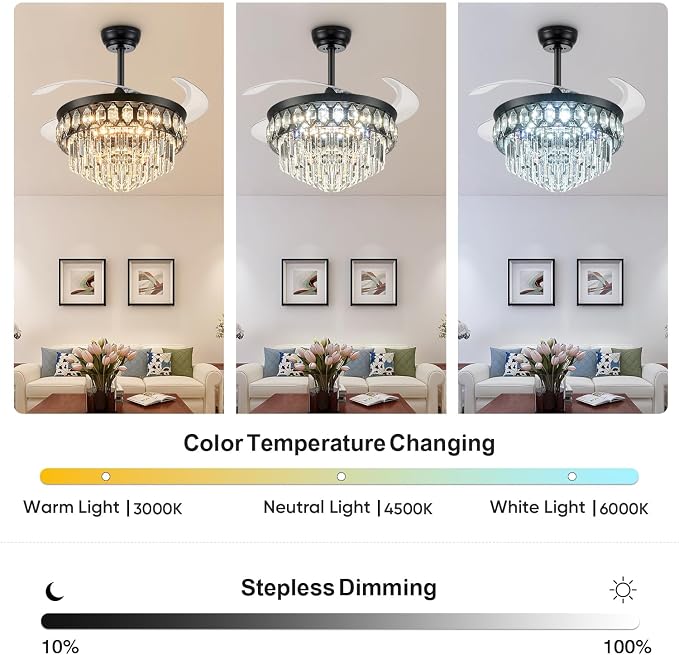 FIDGRA 48 Inch Fandelier Ceiling Fan with Light, Retractable Ceiling Fan with Lights Chandelier Fan for Bedroom, Living Room, 3 Color Temperature, 6 Wind Speed-Black