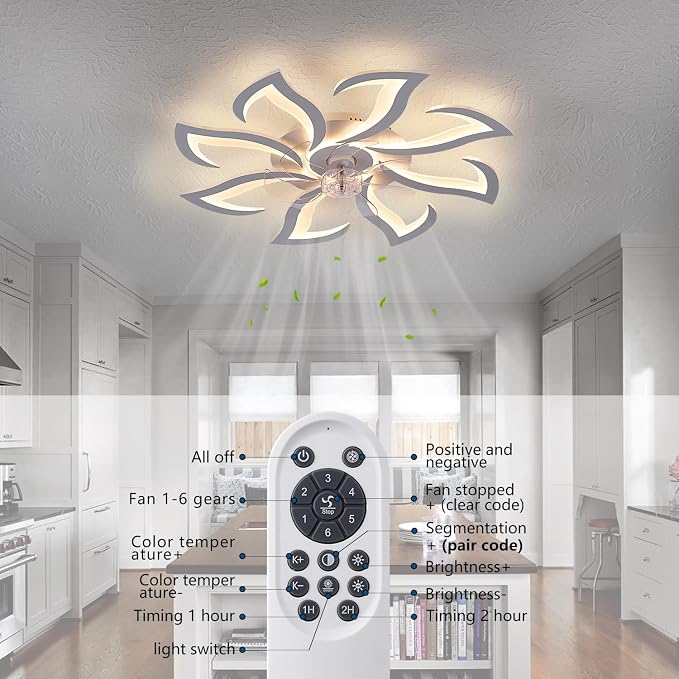 White Flower Modern Ceiling Fans with Lights, Low Profile Ceiling Fan with Remote for Bedroom, 32inch Flush Mount Ceiling Fan with LED Dimmable Light,6-Speeds, Timing CeilingFan Light-8L