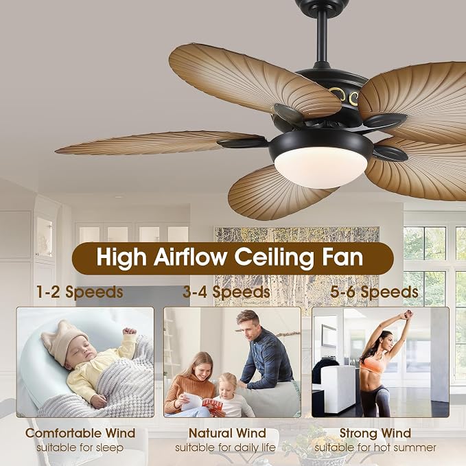 Wiviniya 52 Inch Tropical Ceiling Fans with Lights, Palm Leaf Outdoor Ceiling Fan with Light for Patios Porch Bedroom, Remote/APP Control, Reversible Quiet DC Motor, Dimmable LED, Wood Grain