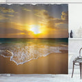 Ambesonne Ocean Decor Shower Curtain, Long Thin Calm Spumous Sea Waves Covers Sandy Beach at a Mystic Sunset View, Polyester Fabric Bathroom Set with Hooks, 69" W X 70" L, Brown Yellow