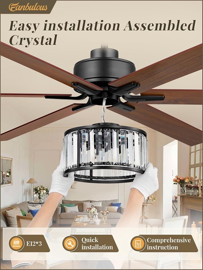 Fanbulous 65 Inch Farmhouse Crystal Ceiling Fan with Lights and Remote, Chandelier Ceiling Fan with Quiet Reversible DC Motor, Wood Blades - Ideal for Bedroom