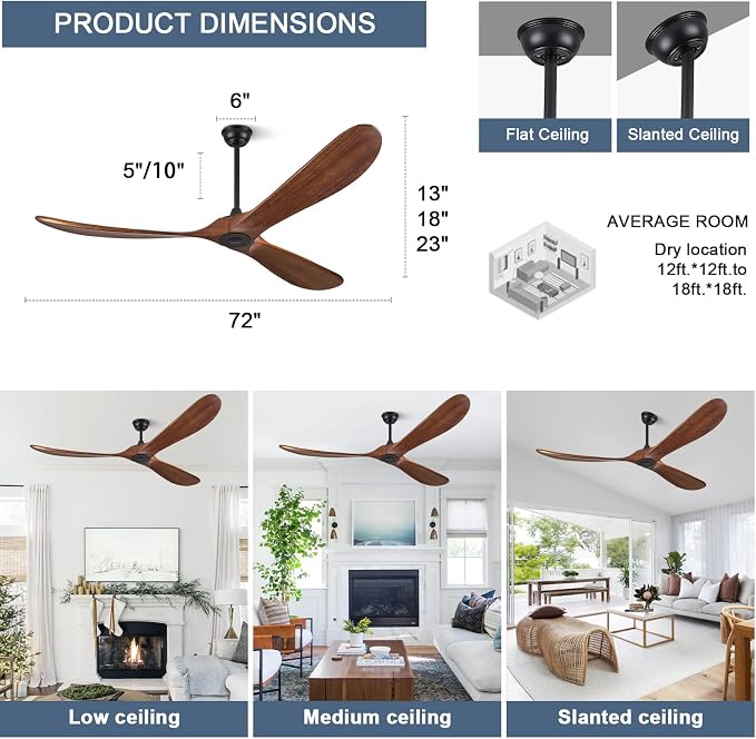 ABZ Ceiling Fans without Lights - 72 Inch Outdoor Ceiling Fans no Lights with Remote Control, 3 Blade Solid Wood Large Ceiling Fan for Patios Living Room Bedroom