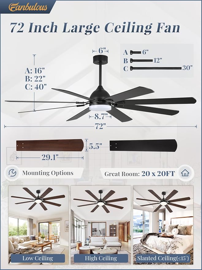Fanbulous 72 Inch Ceiling Fans with Lights, Black Modern Ceiling Fan with Remote,Large Farmhouse Indoor & Outdoor Ceiling Fan with 8 Dual Finish Blades, Quiet DC Motor, Bright LED Light