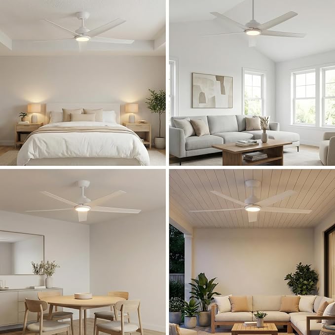 ocioc Ceiling Fans with Lights, 52 inch White Ceiling Fan with Light and Remote Control, 3CCT, Quiet DC Motor, 5 Blades Modern Ceiling Fan for Living Room Indoor/Covered Outdoor