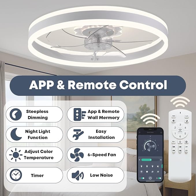FSZDORJ 20'' Ceiling Fan with Light and Remote, Low Profile Ceiling Fan with Light, Dimmable Flush Mount Ceiling Fan Light, 6 Speeds Fan, App&Remote Control, Fandelier Quiet Fan for Bedroom F105 White