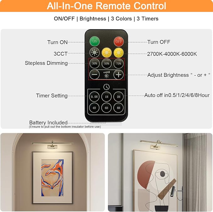 Tassuowell Antique Bronze Picture Light, 23.6 Inch Remote Control Painting Lights for Wall Cordless, 3CCT Dimmable Wall Lights for Pictures, Rechargeable Art Light for Pictures On Wall with Timer