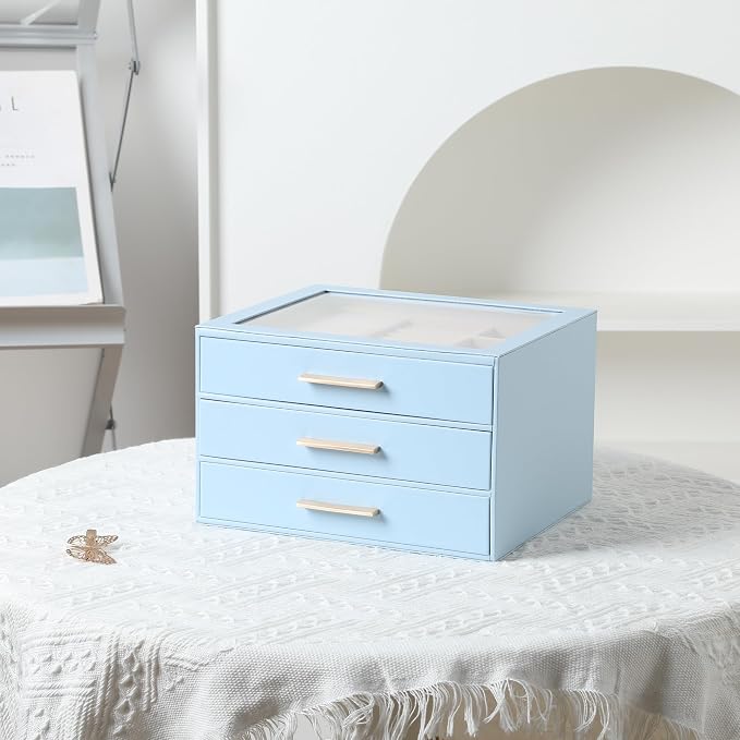 Frebeauty Jewelry Box for Women,Clear Lid Jewelry Organizer with 3 Drawers | Faux Leather,Velvet Lining,3 Layers,Jewelry Storage for Ring Earring Stud,Dustproof Design,Gift Choice,Golden Stylish Handle